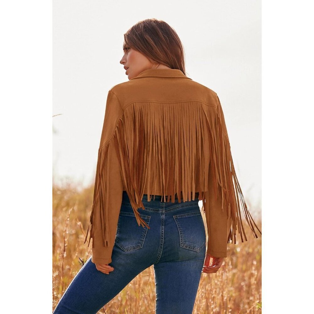 Women's  Brown Yellow Faux Suede Leather Tassel Motorcycle Cropped Jackets - Picture 9 of 9